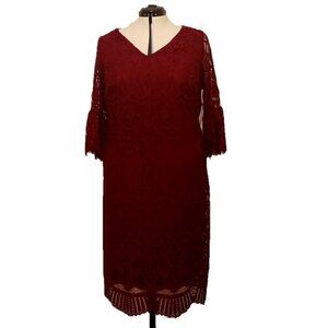 Catherine's Burgundy Lace Sheath 3/4 Bell Sleeve Lined Midi Dress, Size 0X